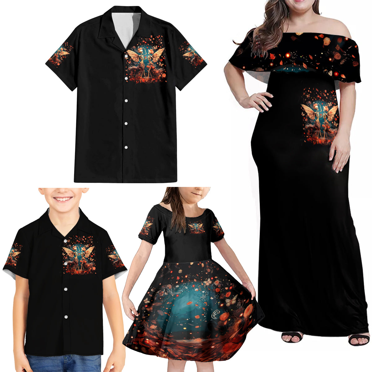 Fairy Skull Family Matching Off Shoulder Maxi Dress and Hawaiian Shirt Hello Darkness My Old Friend - Wonder Print Shop