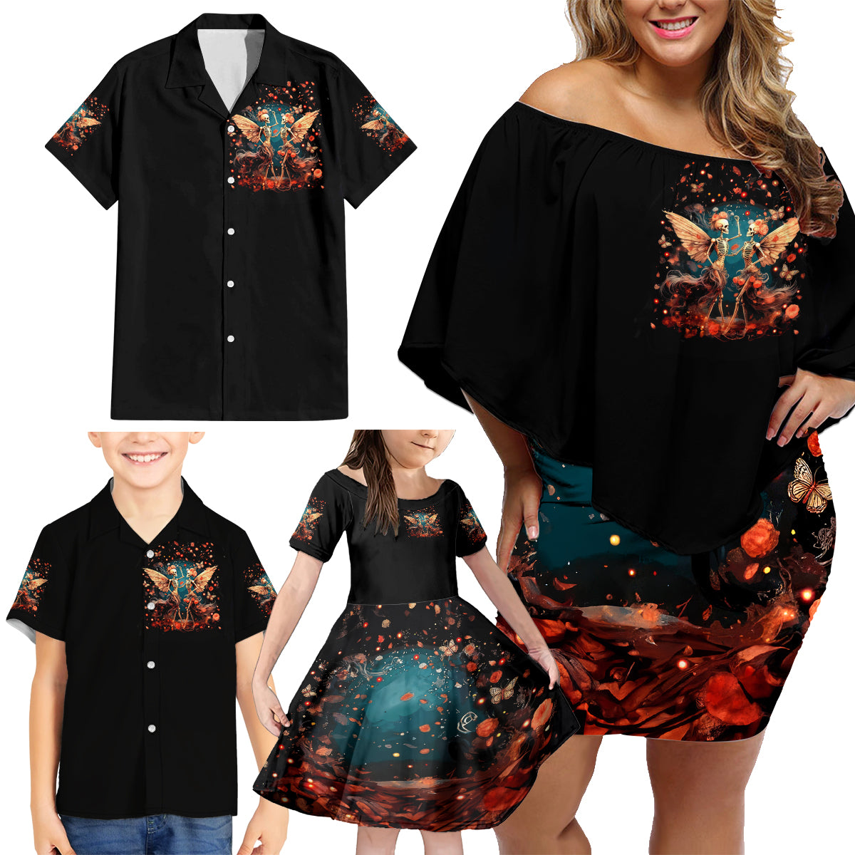 Fairy Skull Family Matching Off Shoulder Short Dress and Hawaiian Shirt Hello Darkness My Old Friend - Wonder Print Shop