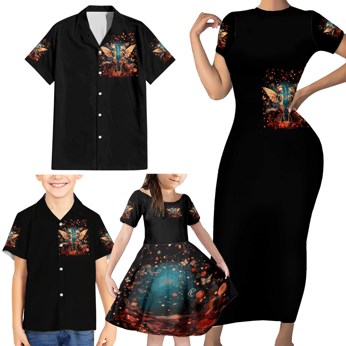 Fairy Skull Family Matching Short Sleeve Bodycon Dress and Hawaiian Shirt Hello Darkness My Old Friend - Wonder Print Shop