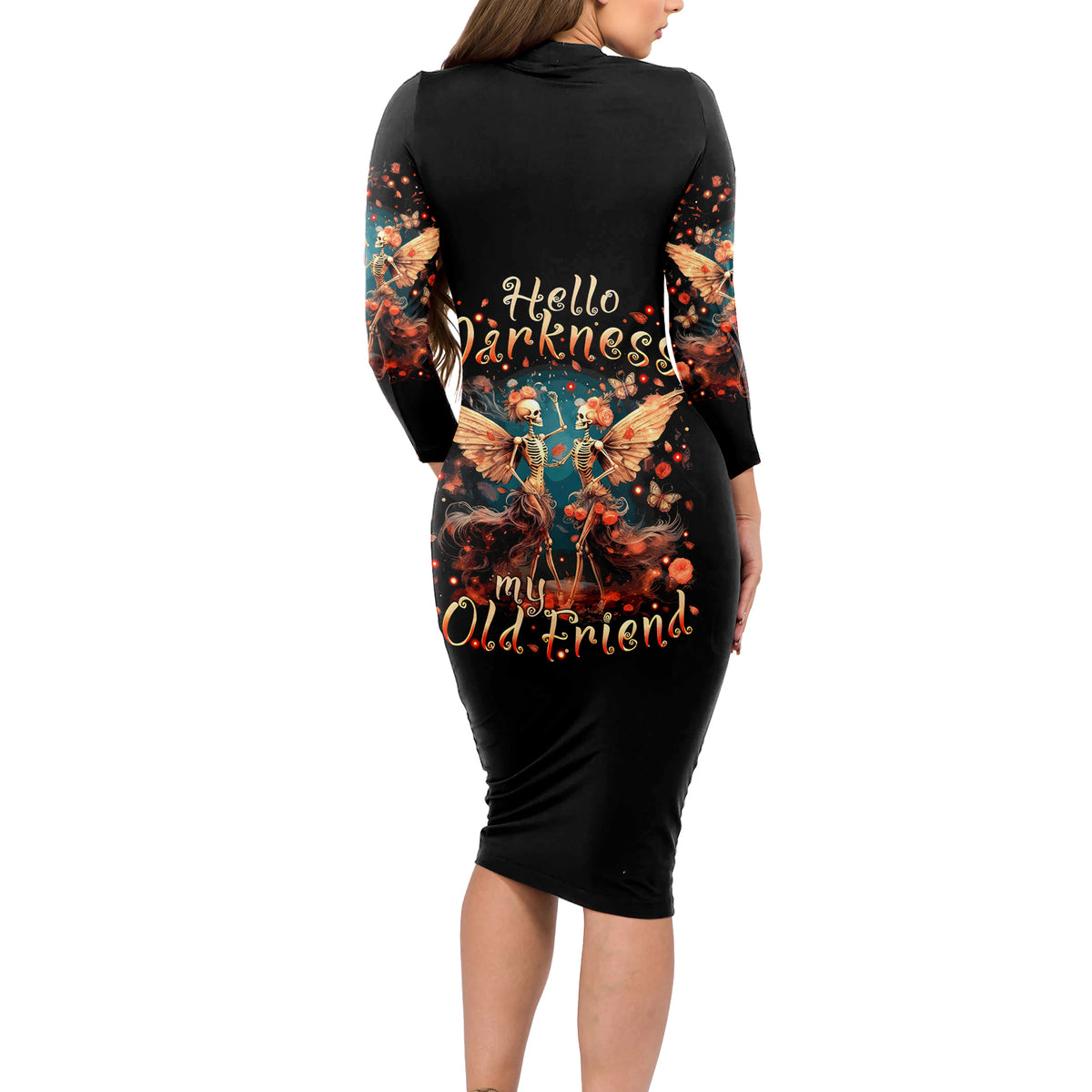 Fairy Skull Long Sleeve Bodycon Dress Hello Darkness My Old Friend - Wonder Print Shop