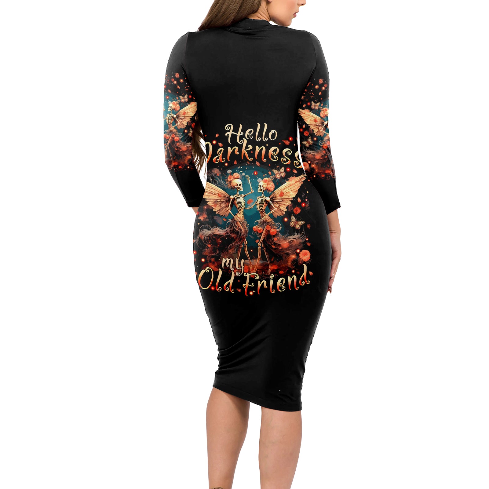 Fairy Skull Long Sleeve Bodycon Dress Hello Darkness My Old Friend - Wonder Print Shop