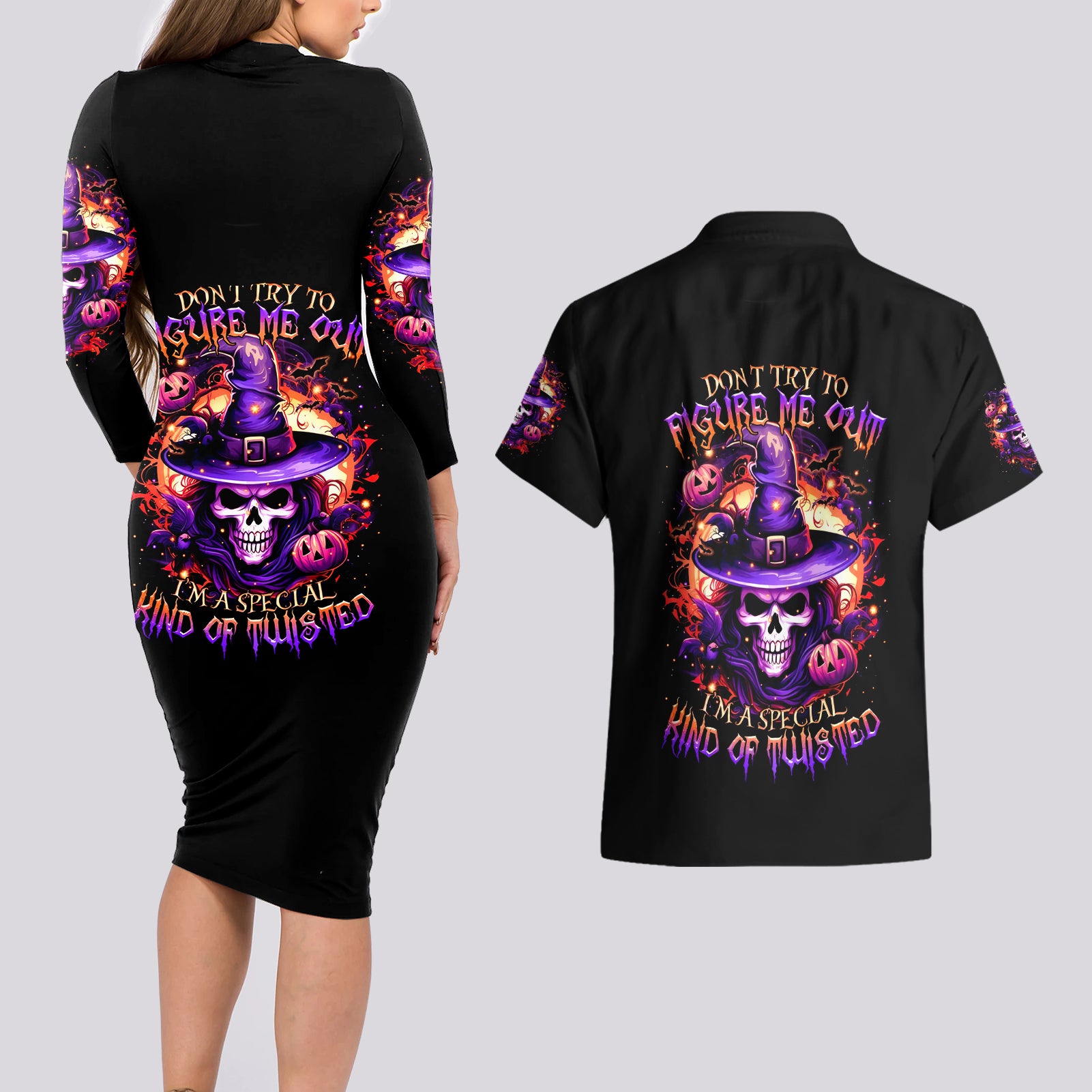 Witch Skull Couples Matching Long Sleeve Bodycon Dress and Hawaiian Shirt Don't Try To Figure Me Out - Wonder Print Shop