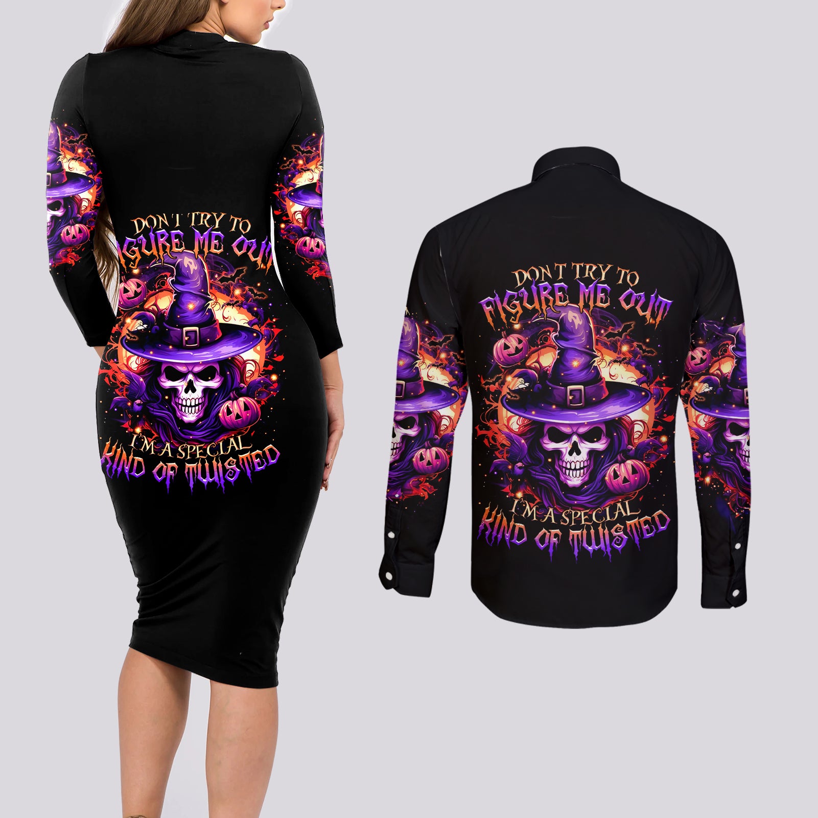 Witch Skull Couples Matching Long Sleeve Bodycon Dress and Long Sleeve Button Shirt Don't Try To Figure Me Out - Wonder Print Shop