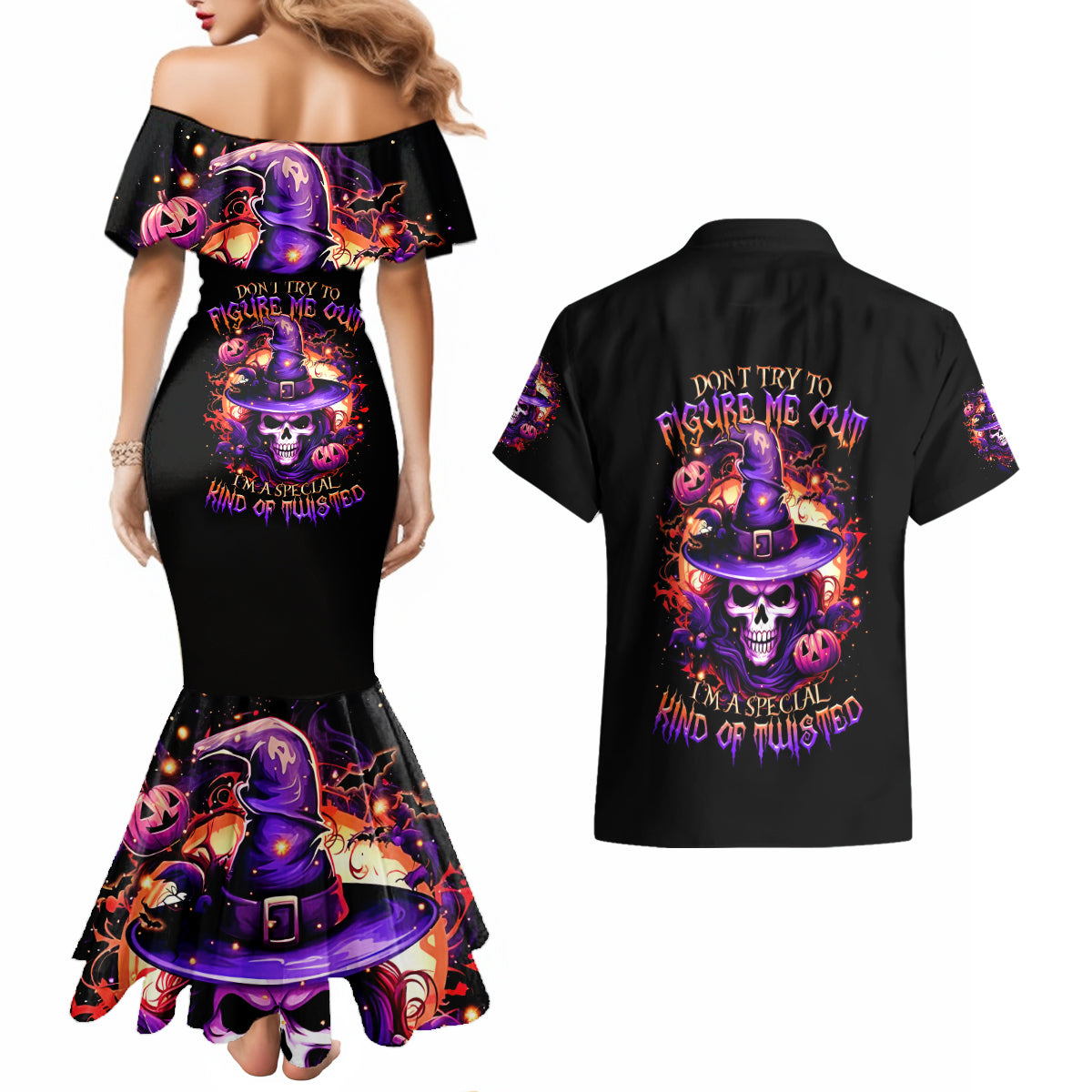 Witch Skull Couples Matching Mermaid Dress and Hawaiian Shirt Don't Try To Figure Me Out - Wonder Print Shop