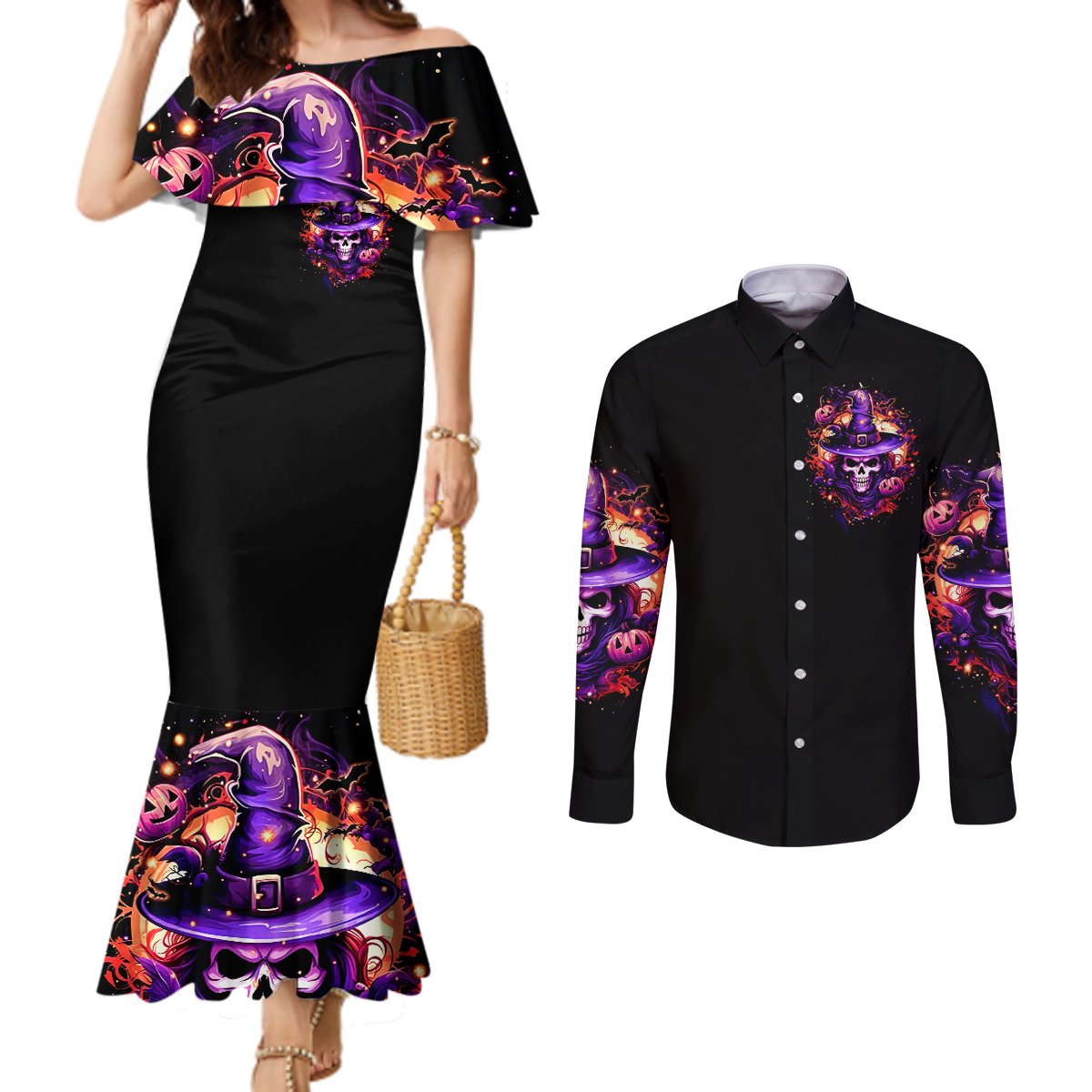 Witch Skull Couples Matching Mermaid Dress and Long Sleeve Button Shirt Don't Try To Figure Me Out DT01