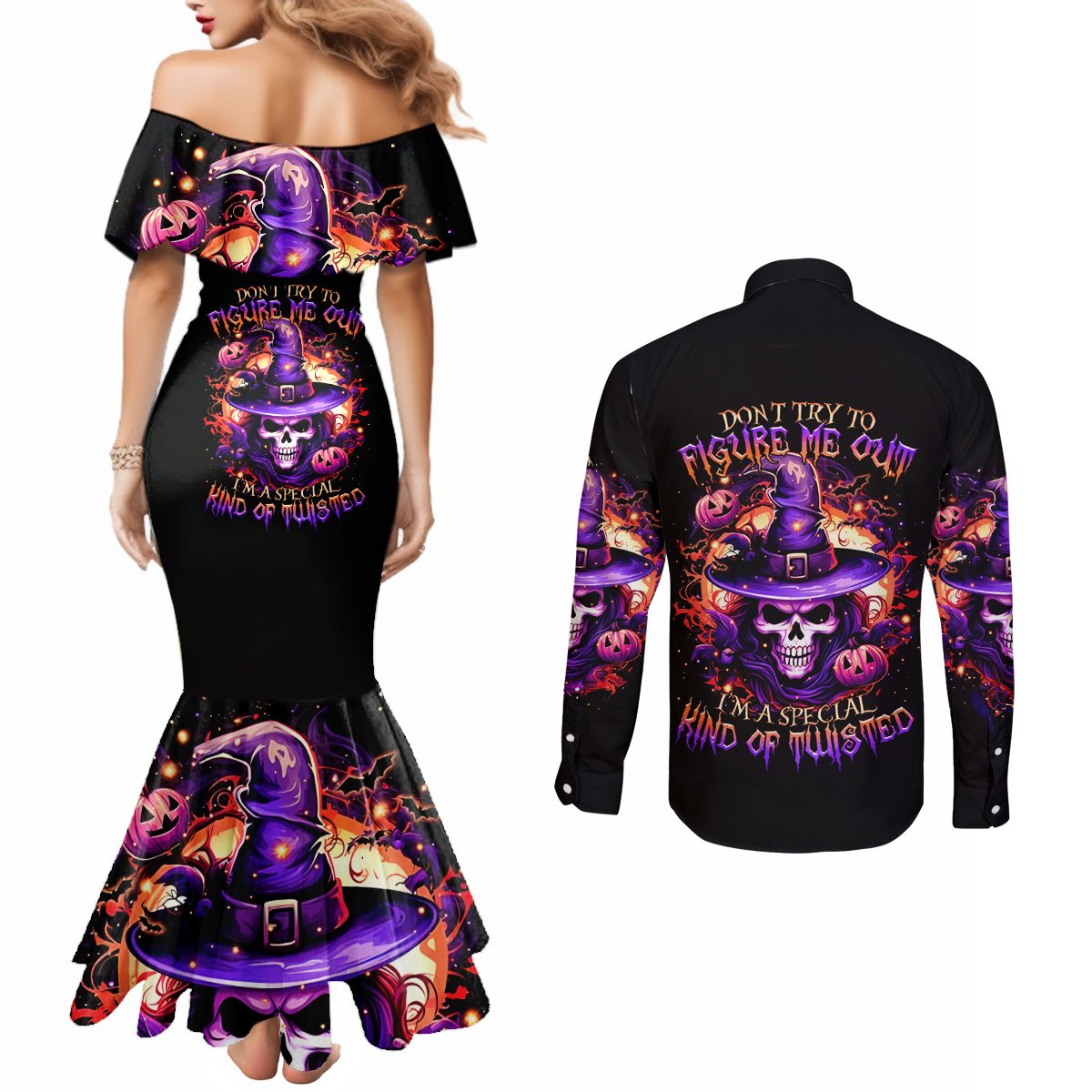 Witch Skull Couples Matching Mermaid Dress and Long Sleeve Button Shirt Don't Try To Figure Me Out DT01