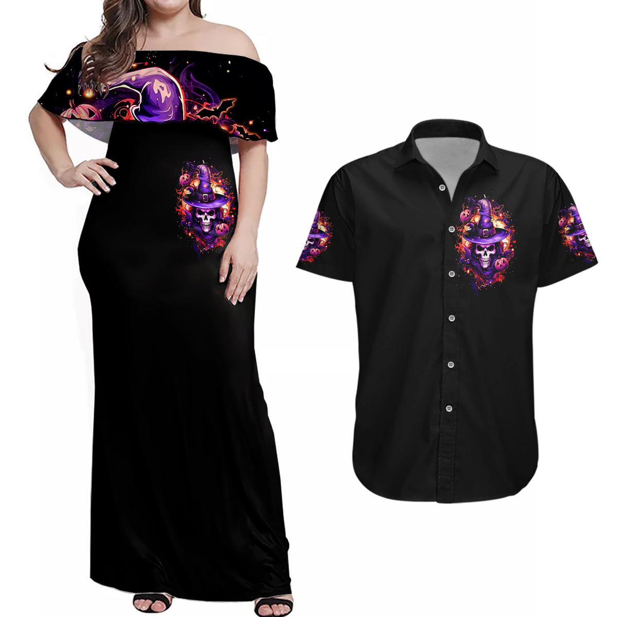 Witch Skull Couples Matching Off Shoulder Maxi Dress and Hawaiian Shirt Don't Try To Figure Me Out - Wonder Print Shop
