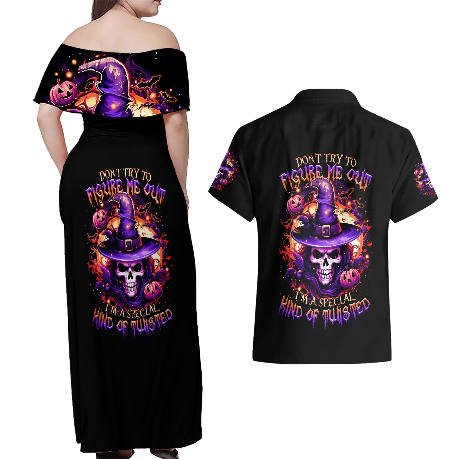 Witch Skull Couples Matching Off Shoulder Maxi Dress and Hawaiian Shirt Don't Try To Figure Me Out - Wonder Print Shop