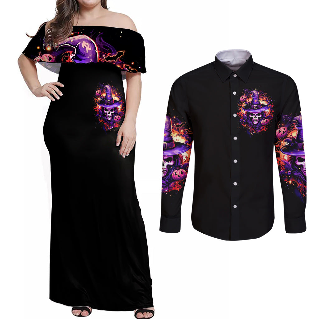 Witch Skull Couples Matching Off Shoulder Maxi Dress and Long Sleeve Button Shirt Don't Try To Figure Me Out - Wonder Print Shop