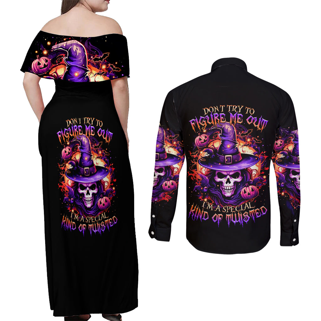 Witch Skull Couples Matching Off Shoulder Maxi Dress and Long Sleeve Button Shirt Don't Try To Figure Me Out - Wonder Print Shop