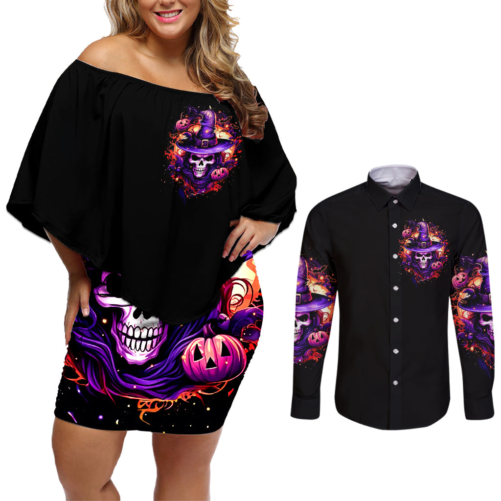 Witch Skull Couples Matching Off Shoulder Short Dress and Long Sleeve Button Shirt Don't Try To Figure Me Out - Wonder Print Shop