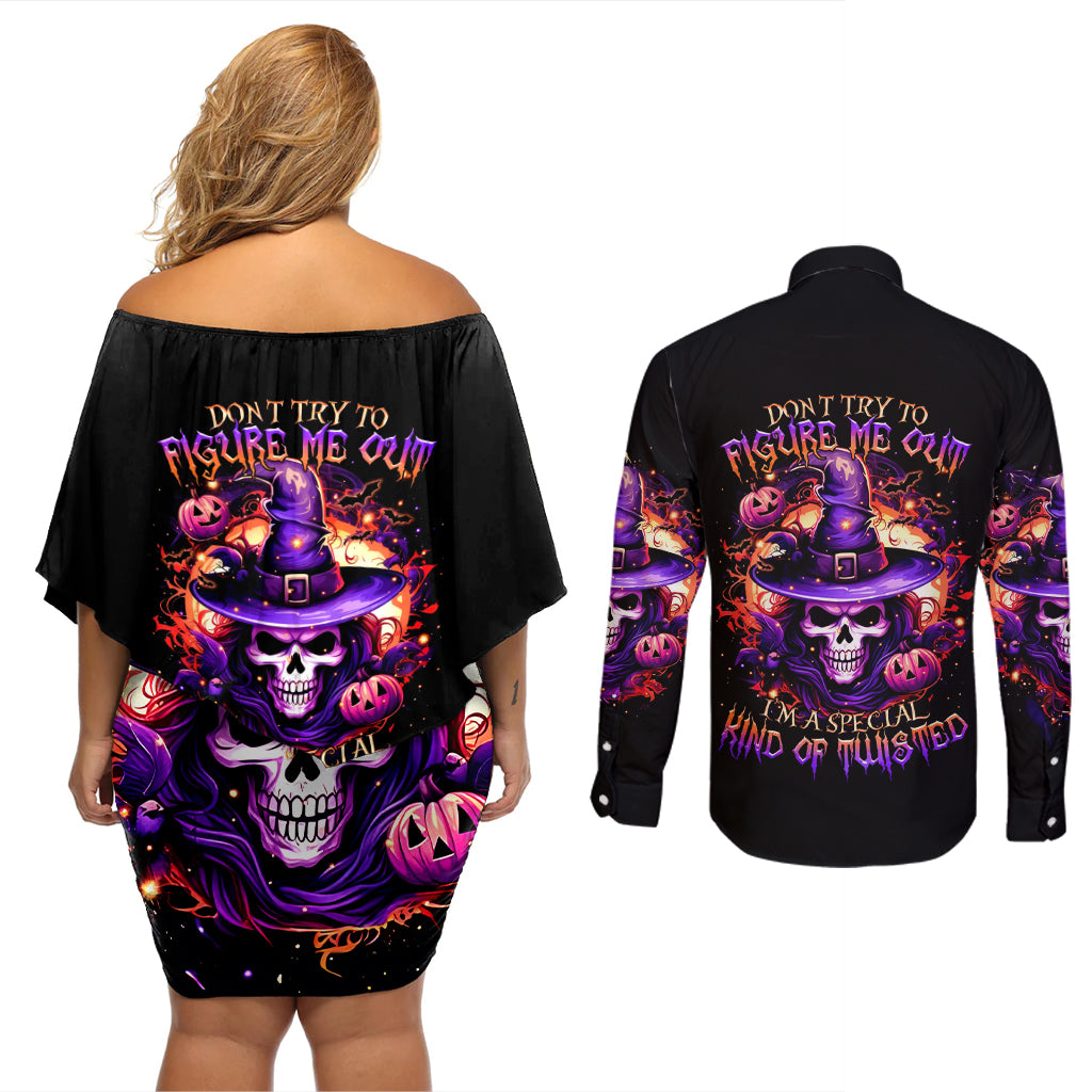 Witch Skull Couples Matching Off Shoulder Short Dress and Long Sleeve Button Shirt Don't Try To Figure Me Out - Wonder Print Shop