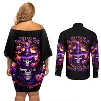 Witch Skull Couples Matching Off Shoulder Short Dress and Long Sleeve Button Shirt Don't Try To Figure Me Out - Wonder Print Shop