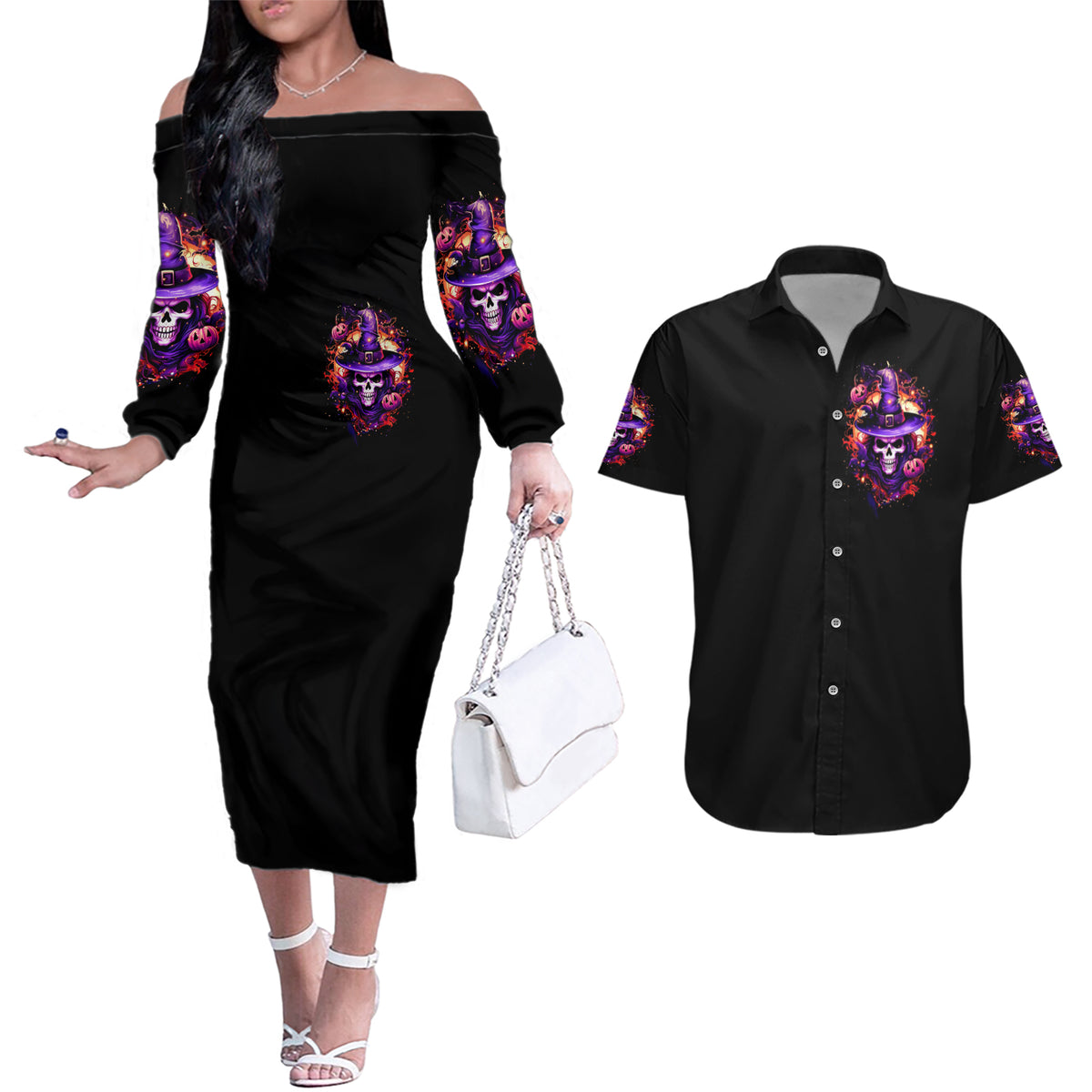 Witch Skull Couples Matching Off The Shoulder Long Sleeve Dress and Hawaiian Shirt Don't Try To Figure Me Out - Wonder Print Shop