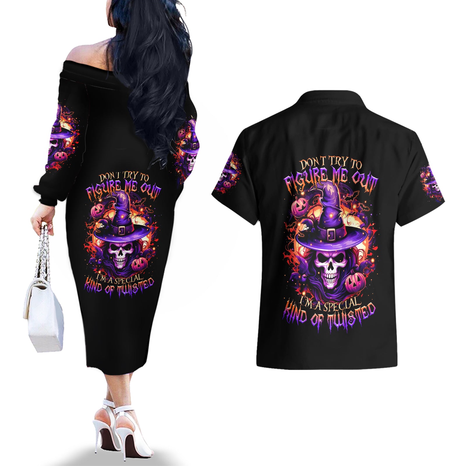 Witch Skull Couples Matching Off The Shoulder Long Sleeve Dress and Hawaiian Shirt Don't Try To Figure Me Out - Wonder Print Shop