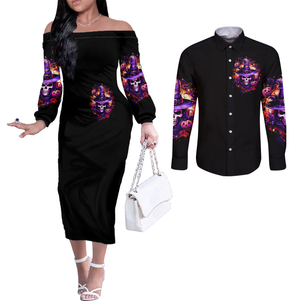 Witch Skull Couples Matching Off The Shoulder Long Sleeve Dress and Long Sleeve Button Shirt Don't Try To Figure Me Out DT01