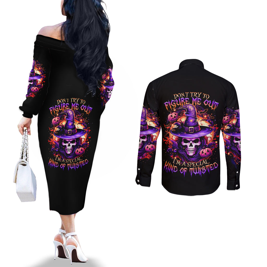 Witch Skull Couples Matching Off The Shoulder Long Sleeve Dress and Long Sleeve Button Shirt Don't Try To Figure Me Out DT01