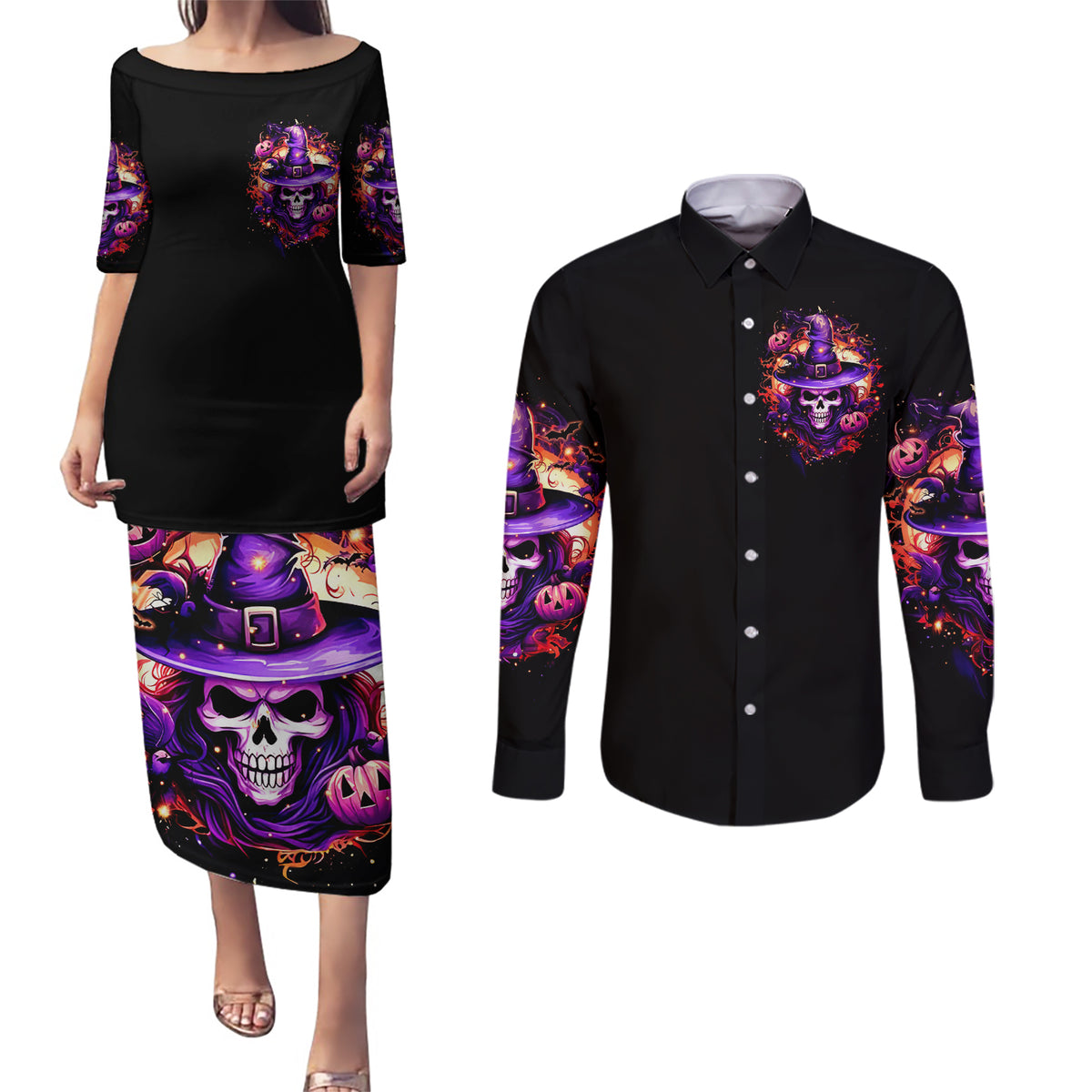 Witch Skull Couples Matching Puletasi Dress and Long Sleeve Button Shirt Don't Try To Figure Me Out - Wonder Print Shop