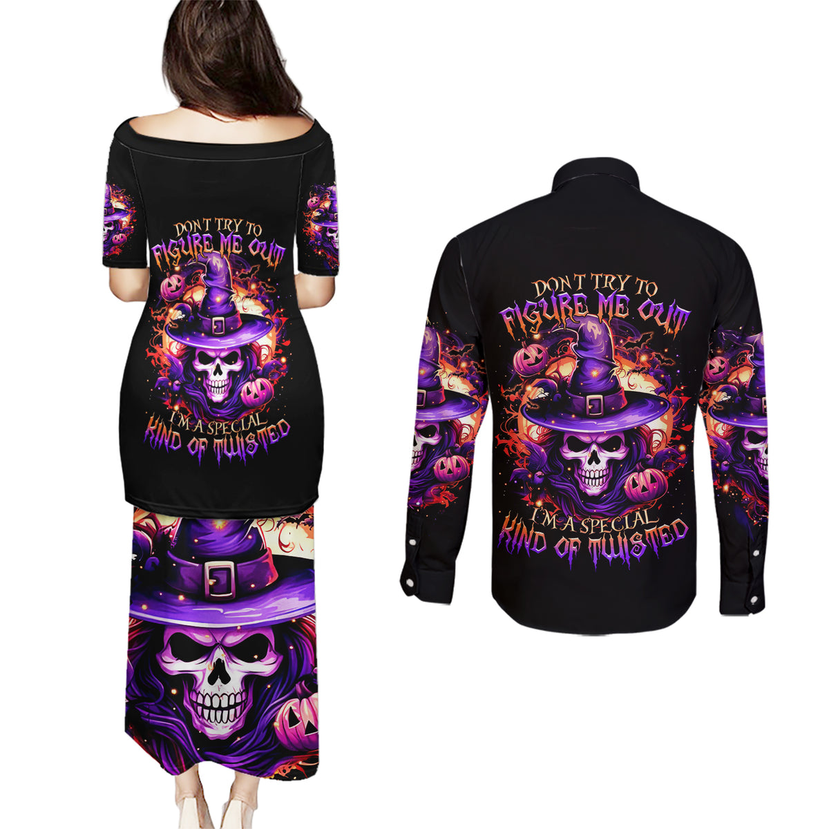 Witch Skull Couples Matching Puletasi Dress and Long Sleeve Button Shirt Don't Try To Figure Me Out - Wonder Print Shop