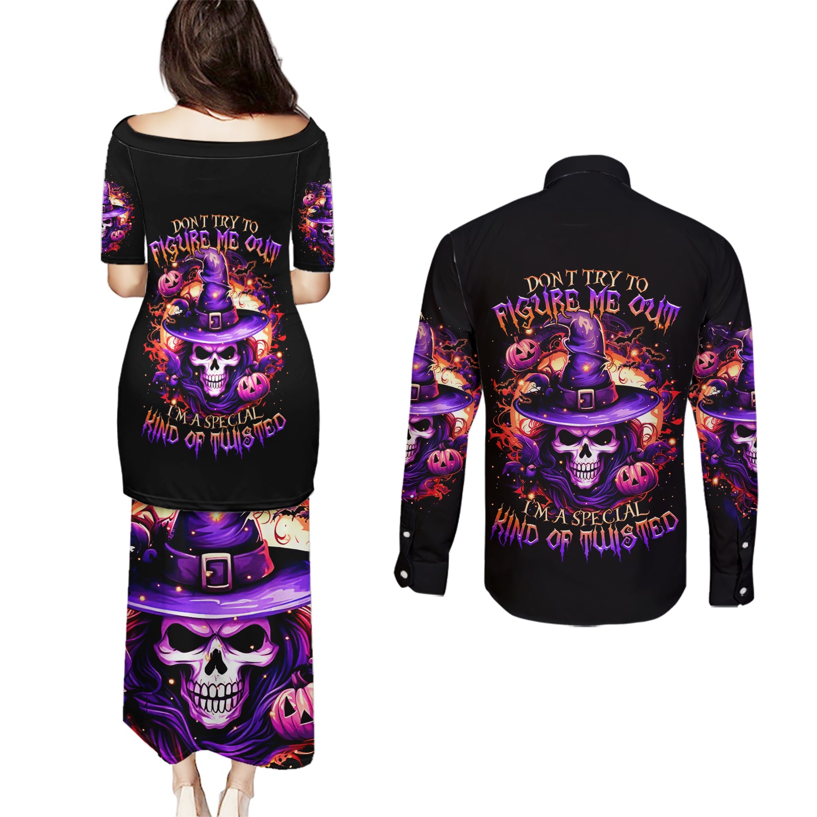 Witch Skull Couples Matching Puletasi Dress and Long Sleeve Button Shirt Don't Try To Figure Me Out - Wonder Print Shop
