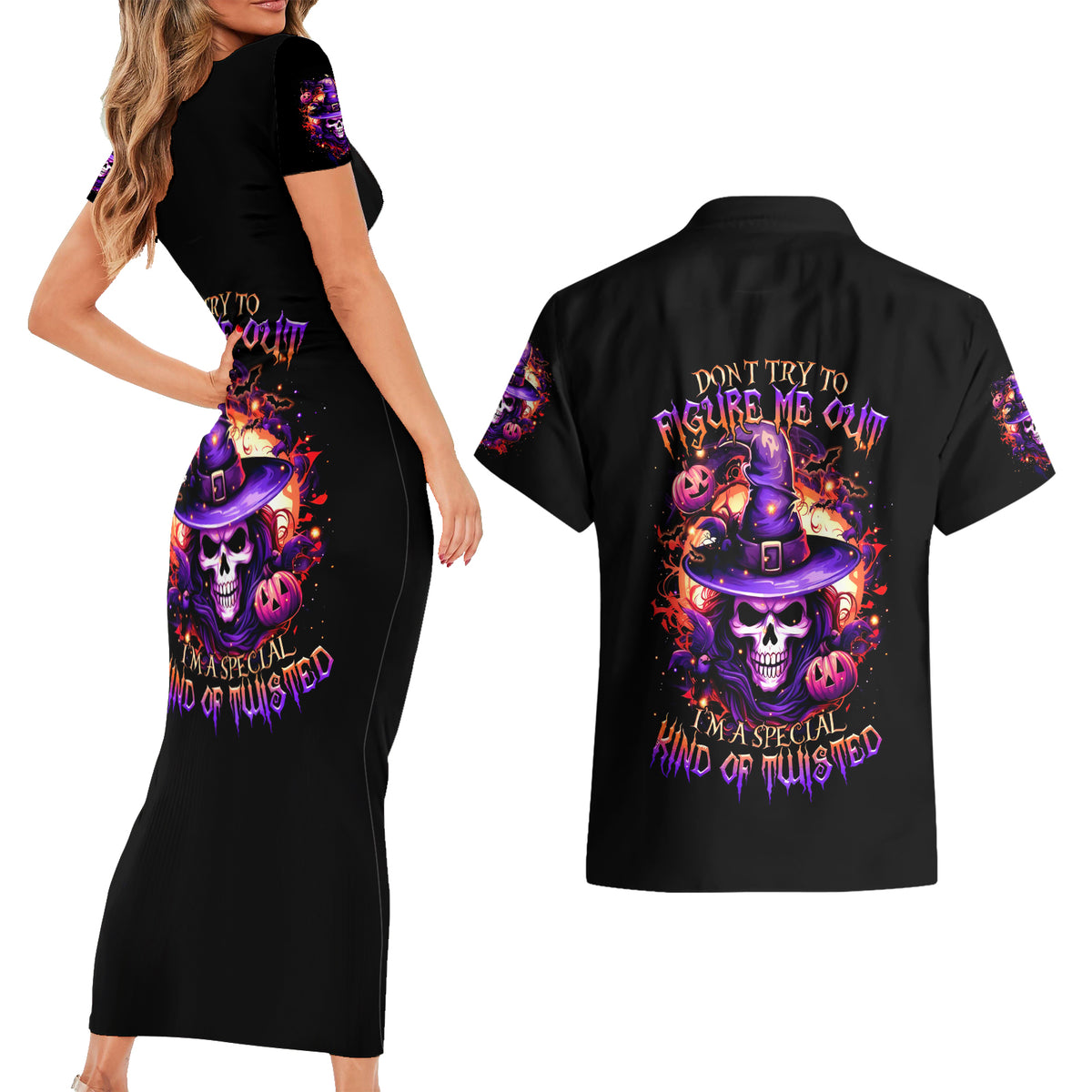 Witch Skull Couples Matching Short Sleeve Bodycon Dress and Hawaiian Shirt Don't Try To Figure Me Out - Wonder Print Shop