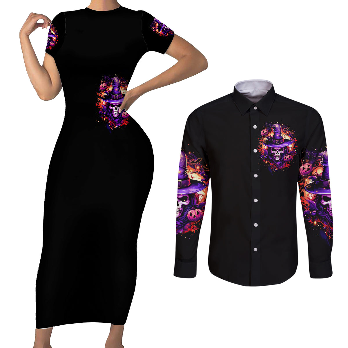 Witch Skull Couples Matching Short Sleeve Bodycon Dress and Long Sleeve Button Shirt Don't Try To Figure Me Out - Wonder Print Shop