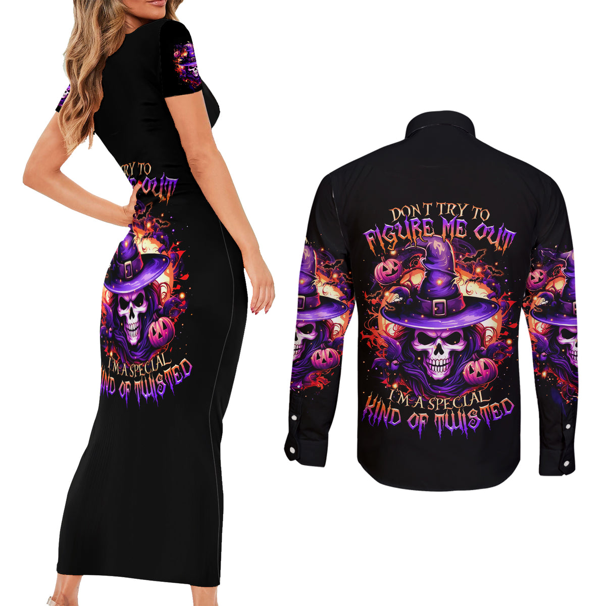 Witch Skull Couples Matching Short Sleeve Bodycon Dress and Long Sleeve Button Shirt Don't Try To Figure Me Out - Wonder Print Shop