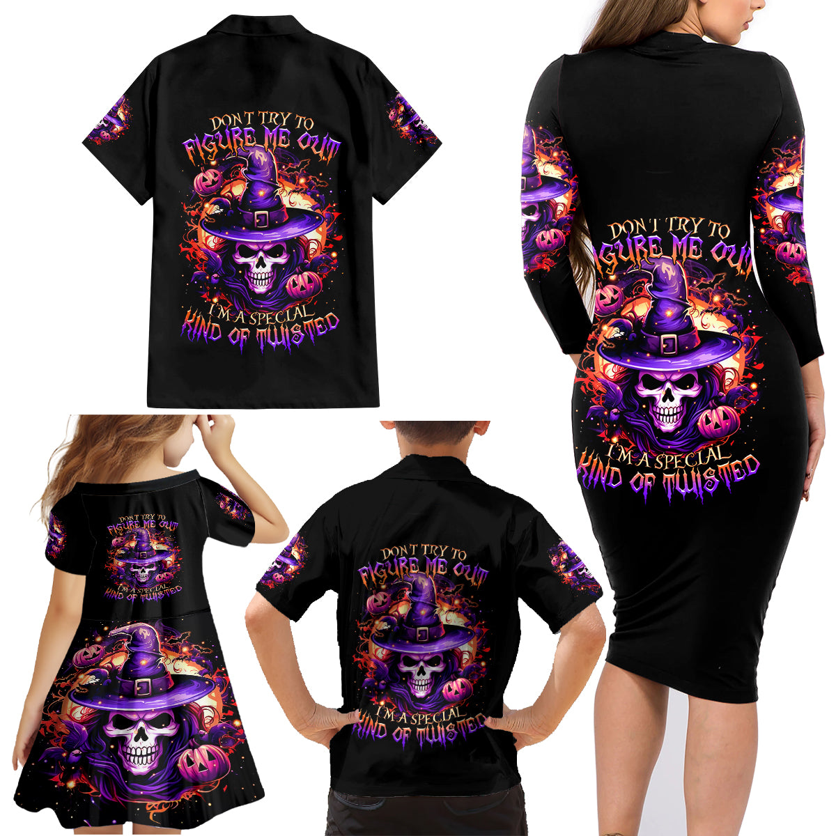 Witch Skull Family Matching Long Sleeve Bodycon Dress and Hawaiian Shirt Don't Try To Figure Me Out - Wonder Print Shop