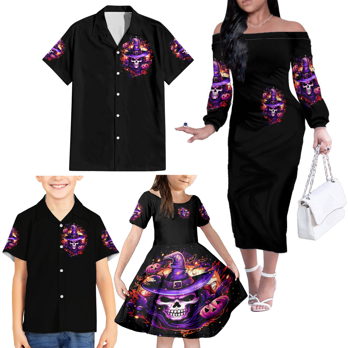 Witch Skull Family Matching Off Shoulder Long Sleeve Dress and Hawaiian Shirt Don't Try To Figure Me Out - Wonder Print Shop