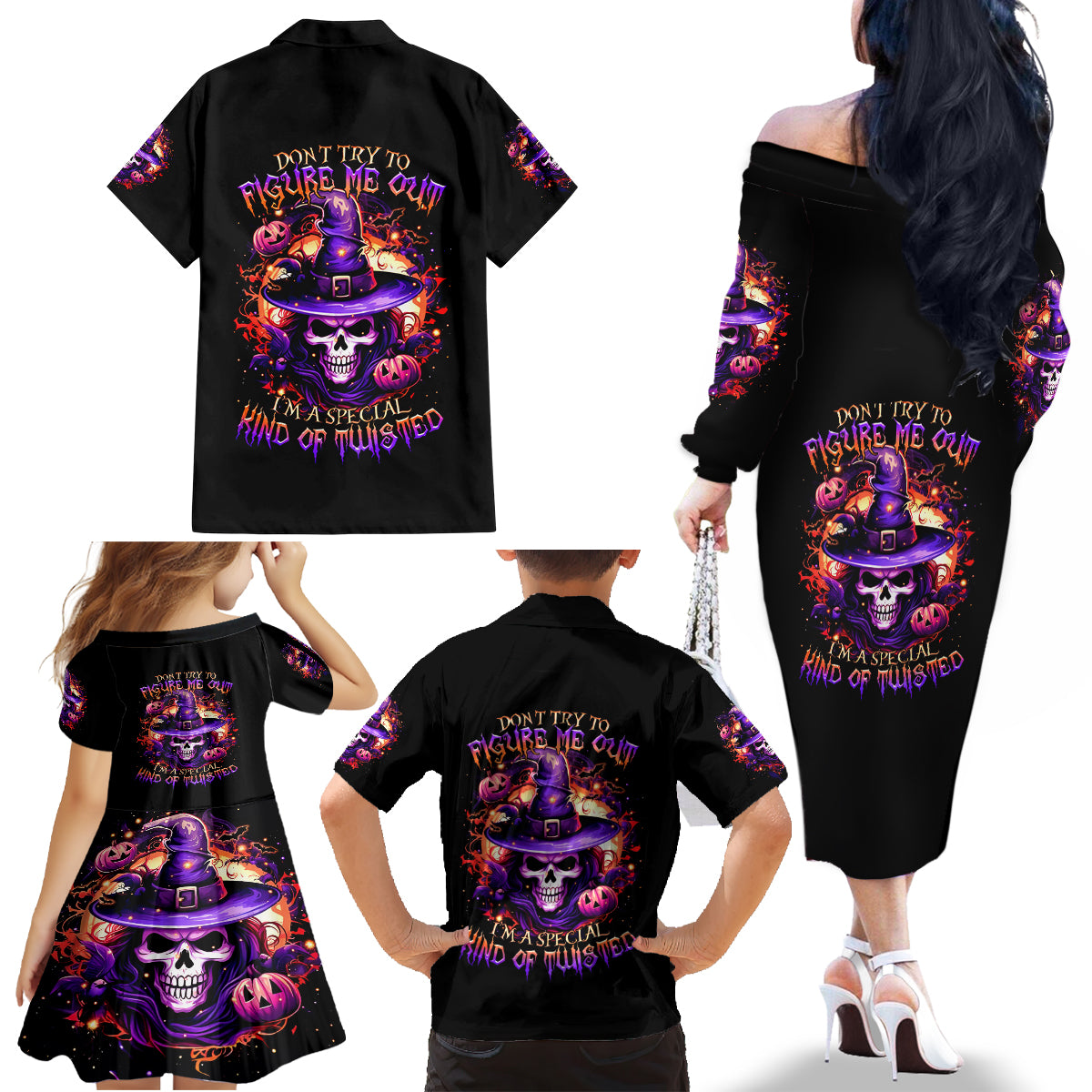 Witch Skull Family Matching Off Shoulder Long Sleeve Dress and Hawaiian Shirt Don't Try To Figure Me Out - Wonder Print Shop