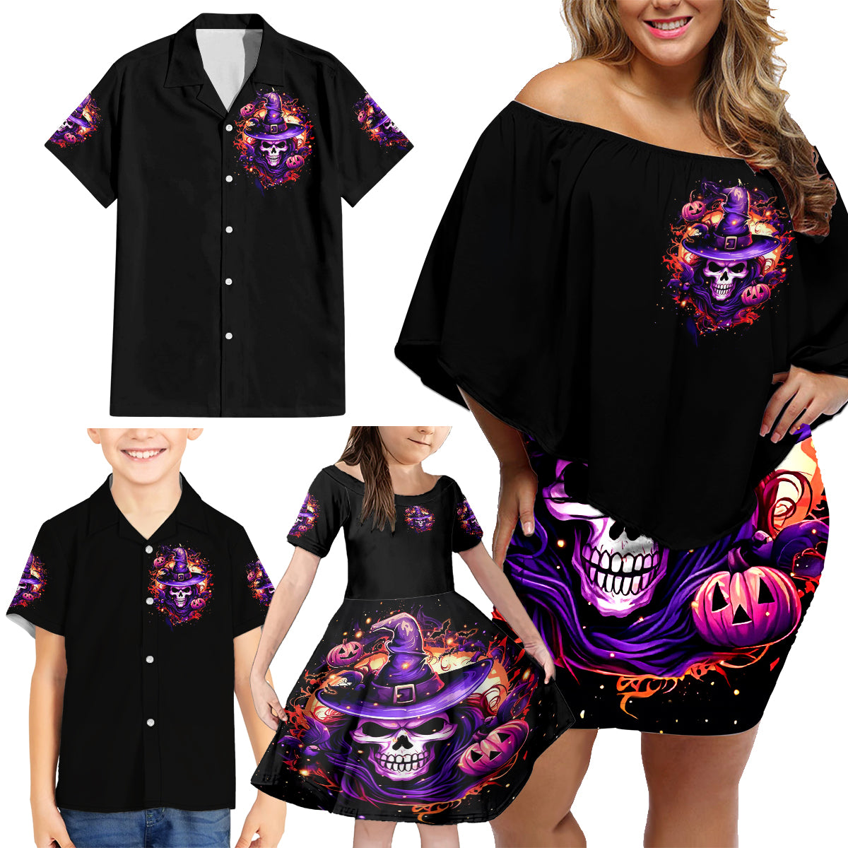 Witch Skull Family Matching Off Shoulder Short Dress and Hawaiian Shirt Don't Try To Figure Me Out - Wonder Print Shop