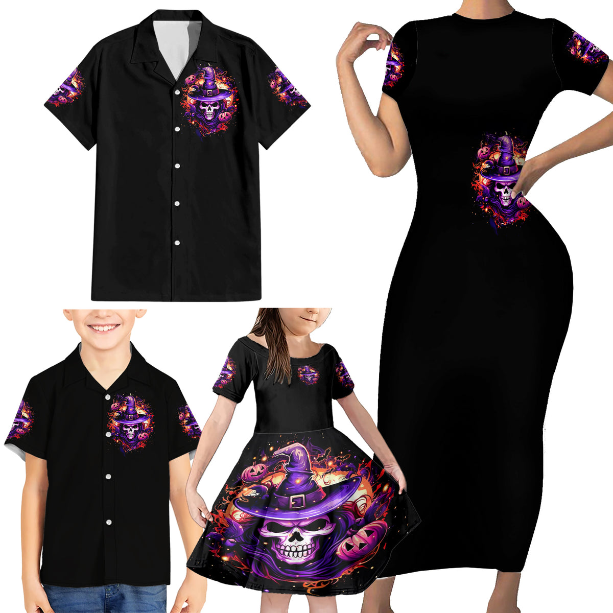Witch Skull Family Matching Short Sleeve Bodycon Dress and Hawaiian Shirt Don't Try To Figure Me Out - Wonder Print Shop