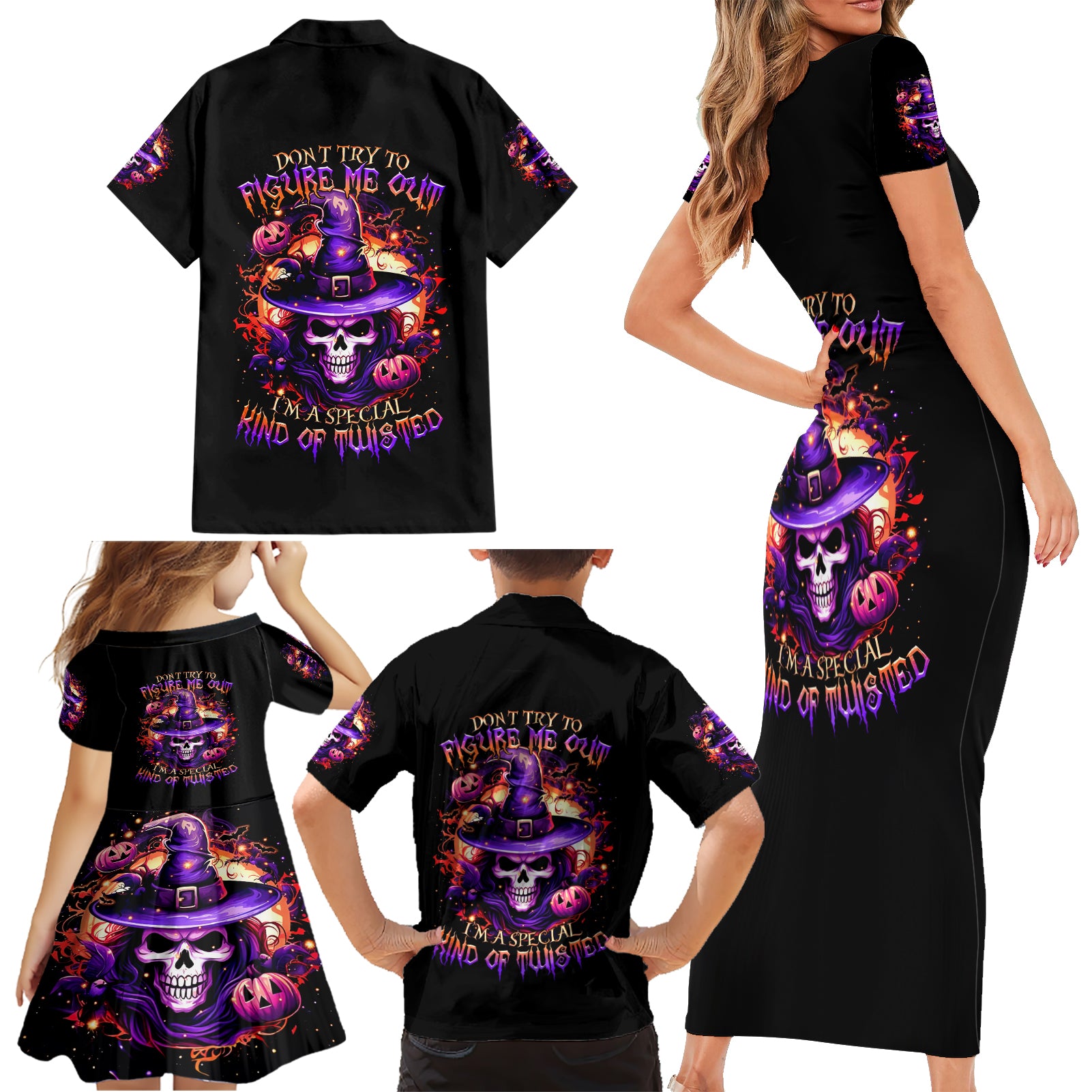 Witch Skull Family Matching Short Sleeve Bodycon Dress and Hawaiian Shirt Don't Try To Figure Me Out - Wonder Print Shop