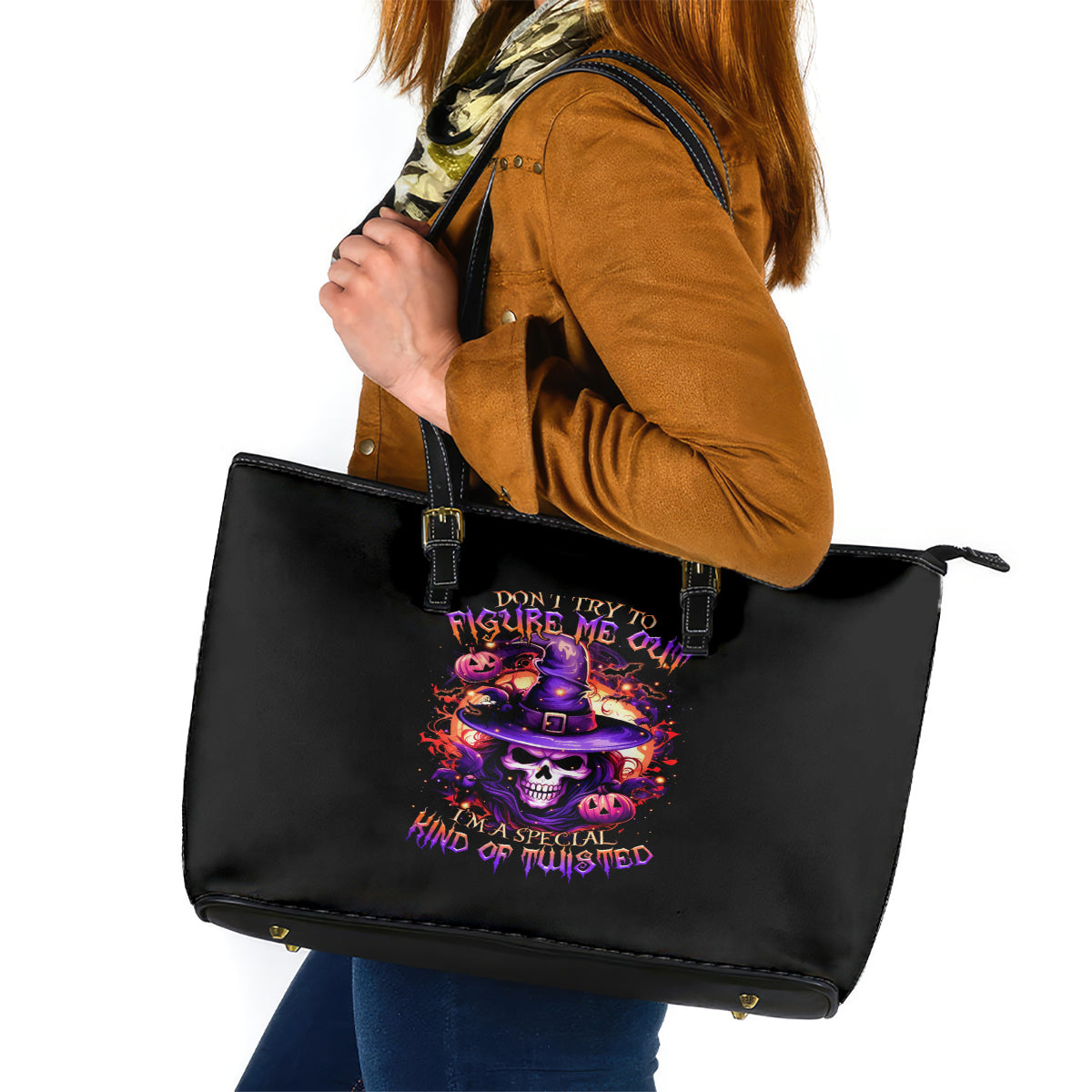 Witch Skull Leather Tote Bag Don't Try To Figure Me Out - Wonder Print Shop