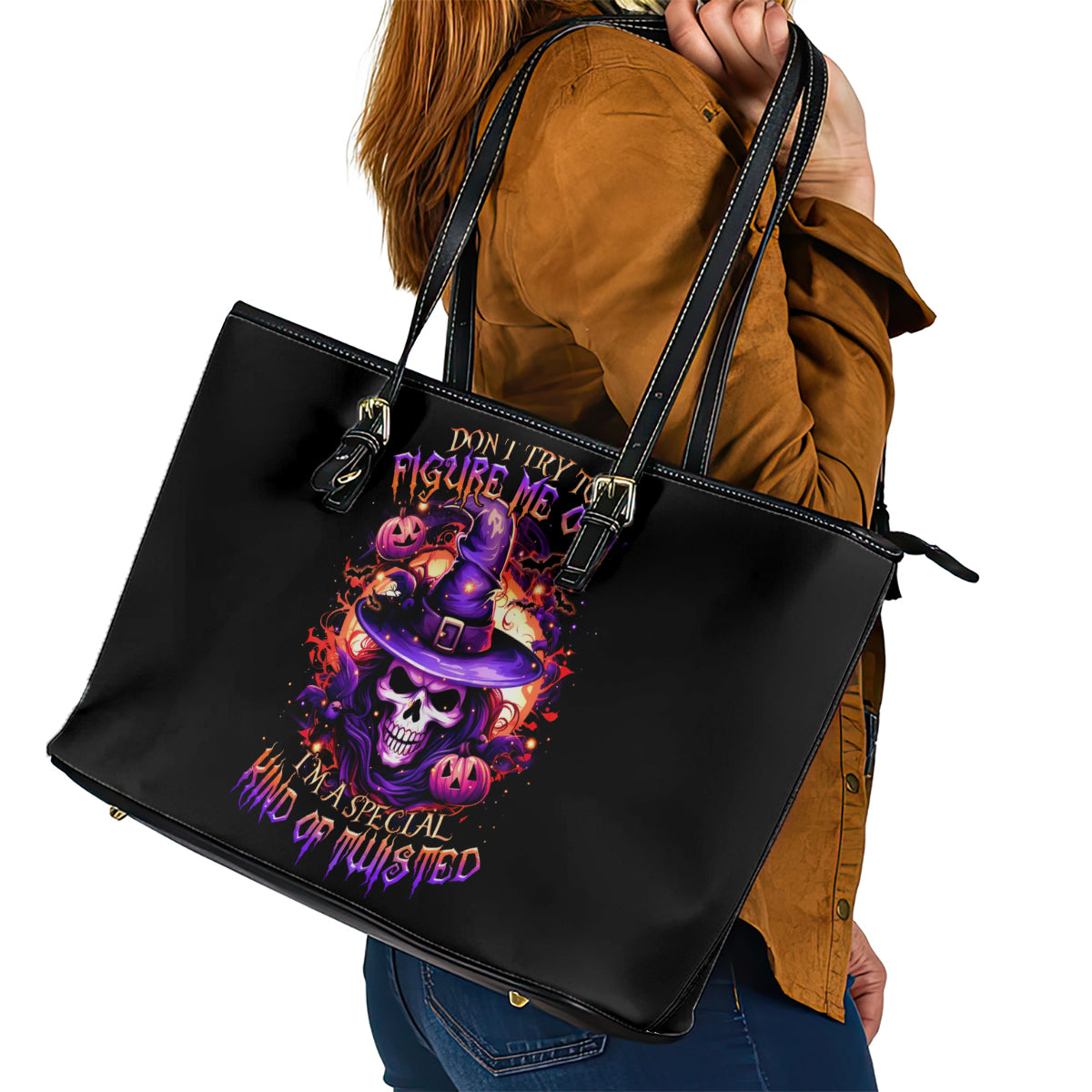 Witch Skull Leather Tote Bag Don't Try To Figure Me Out - Wonder Print Shop
