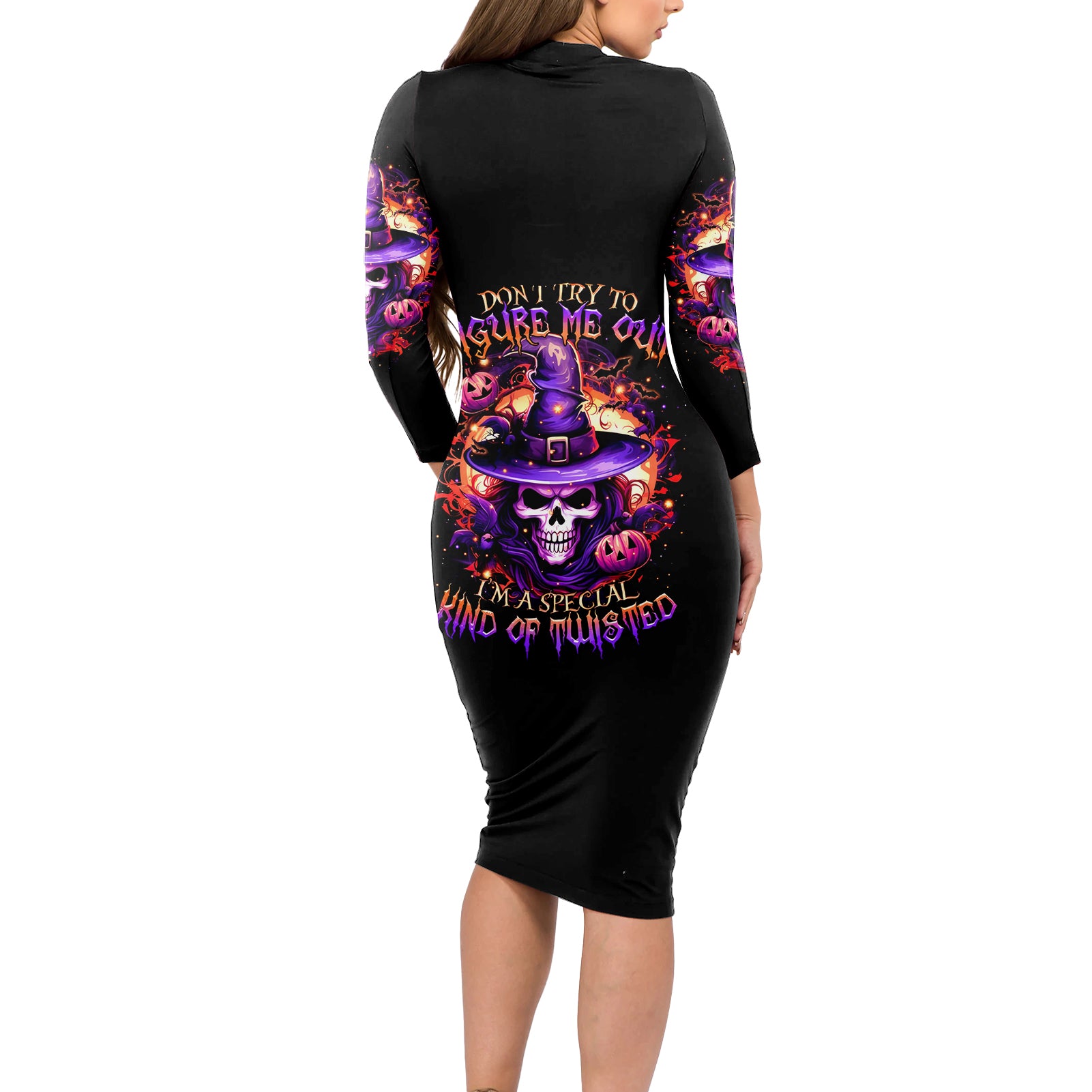 Witch Skull Long Sleeve Bodycon Dress Don't Try To Figure Me Out - Wonder Print Shop