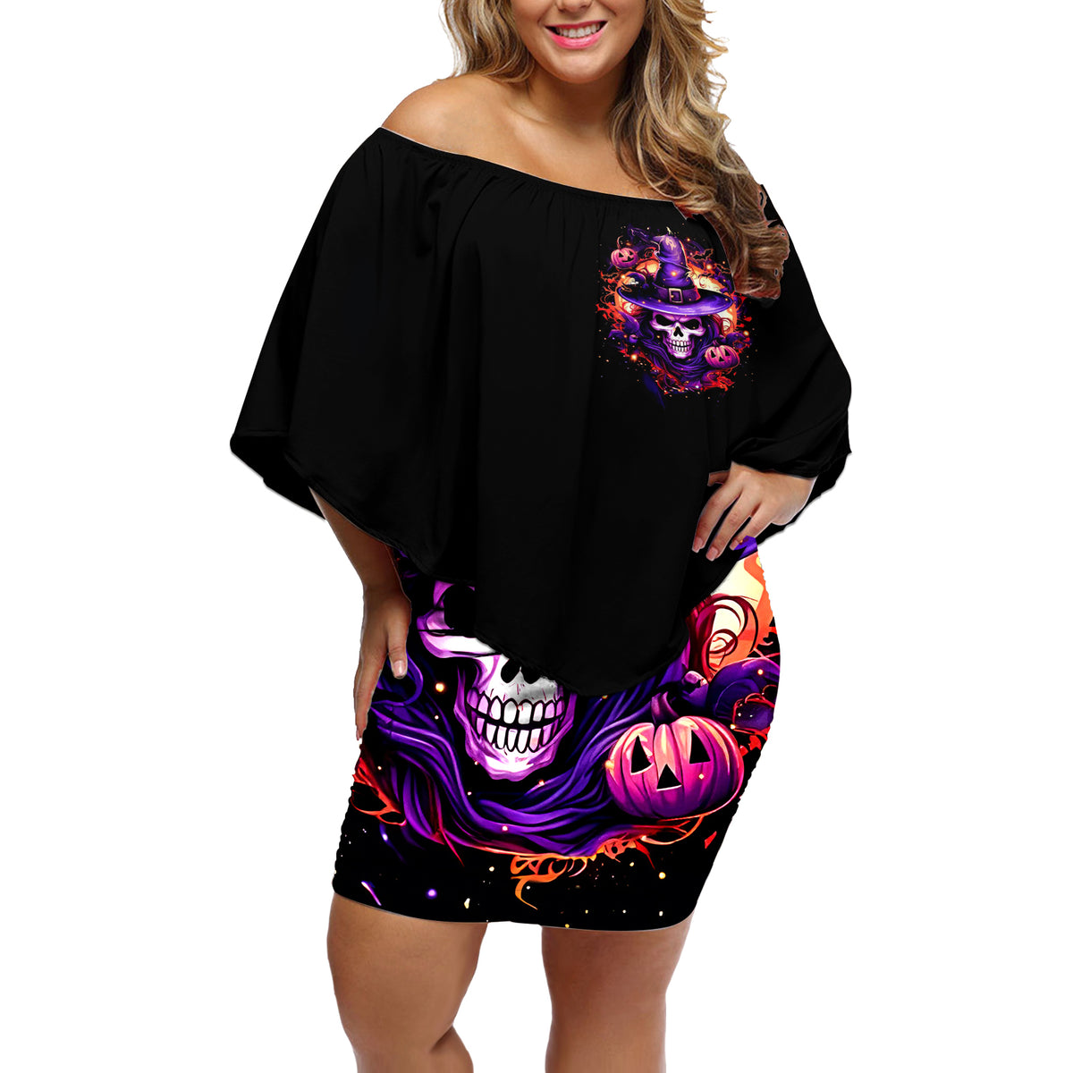 Witch Skull Off Shoulder Short Dress Don't Try To Figure Me Out - Wonder Print Shop