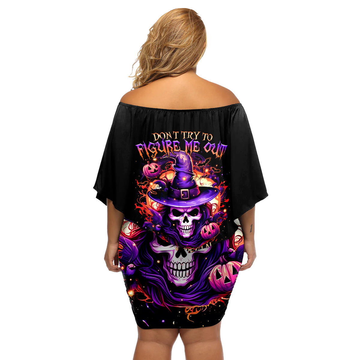 Witch Skull Off Shoulder Short Dress Don't Try To Figure Me Out - Wonder Print Shop