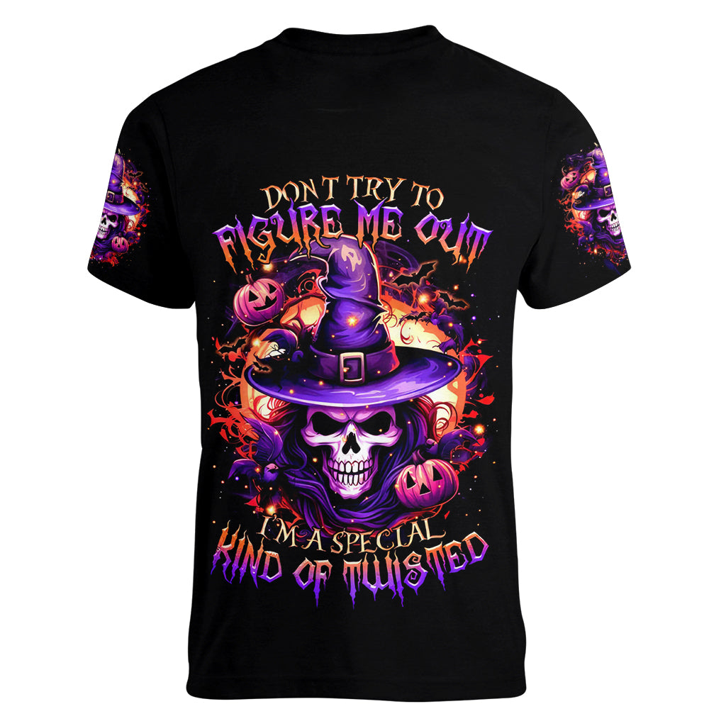 Witch Skull Women V Neck T Shirt Don't Try To Figure Me Out - Wonder Print Shop