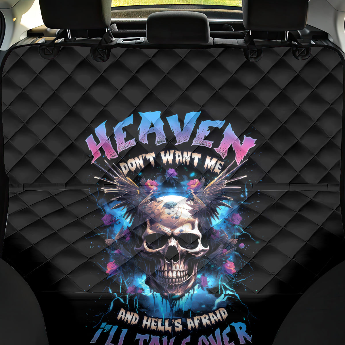 Wings Skull Back Car Seat Cover Heaven Don't Want Me Hell Afraid I Take Over - Wonder Print Shop
