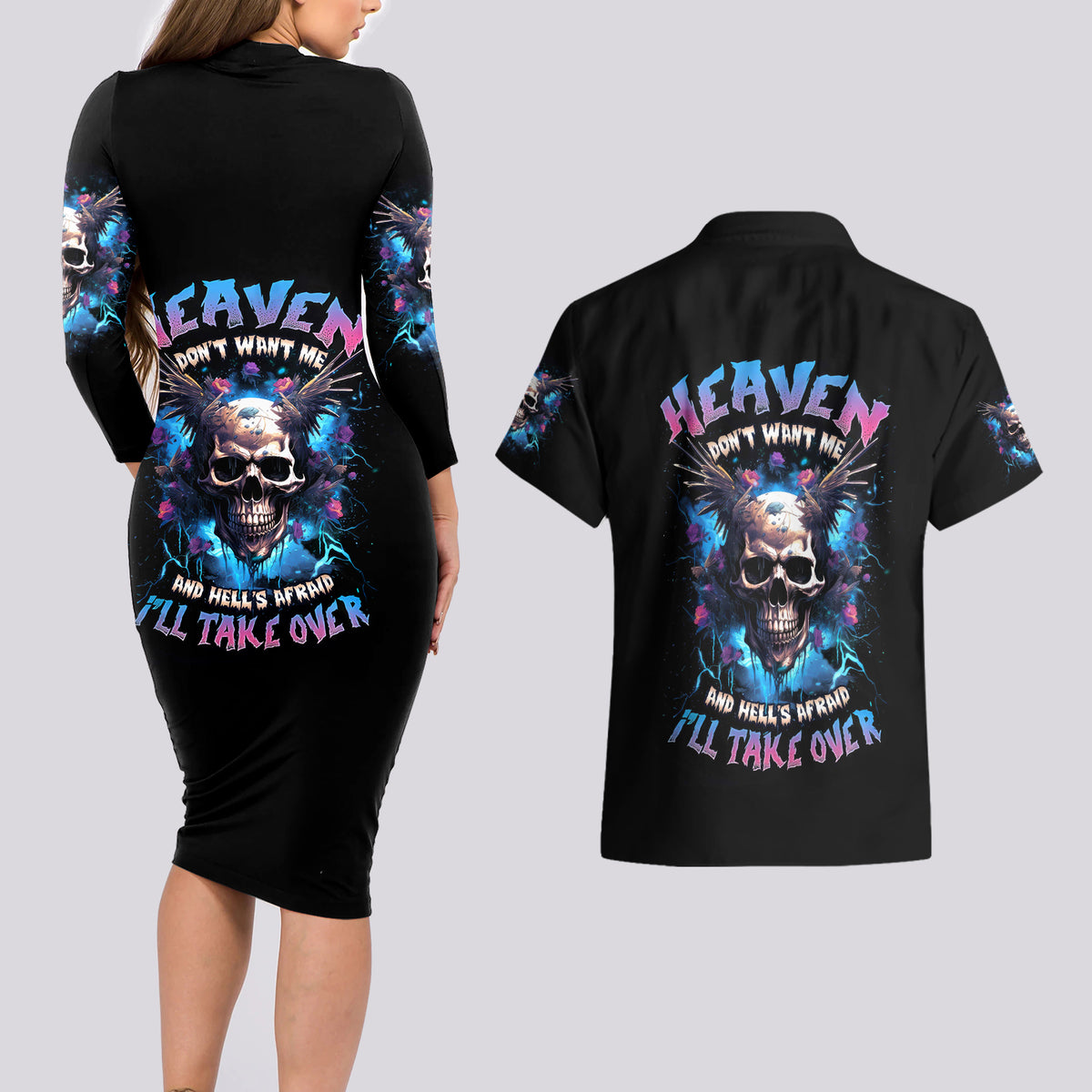 Wings Skull Couples Matching Long Sleeve Bodycon Dress and Hawaiian Shirt Heaven Don't Want Me Hell Afraid I Take Over - Wonder Print Shop