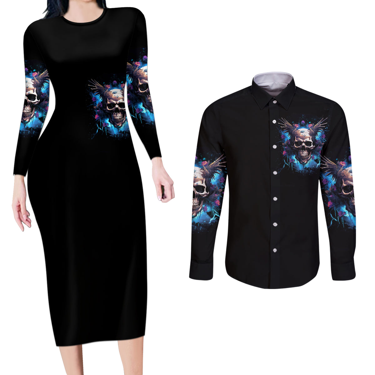 Wings Skull Couples Matching Long Sleeve Bodycon Dress and Long Sleeve Button Shirt Heaven Don't Want Me Hell Afraid I Take Over - Wonder Print Shop