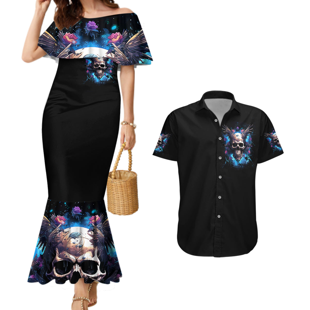 Wings Skull Couples Matching Mermaid Dress and Hawaiian Shirt Heaven Don't Want Me Hell Afraid I Take Over - Wonder Print Shop