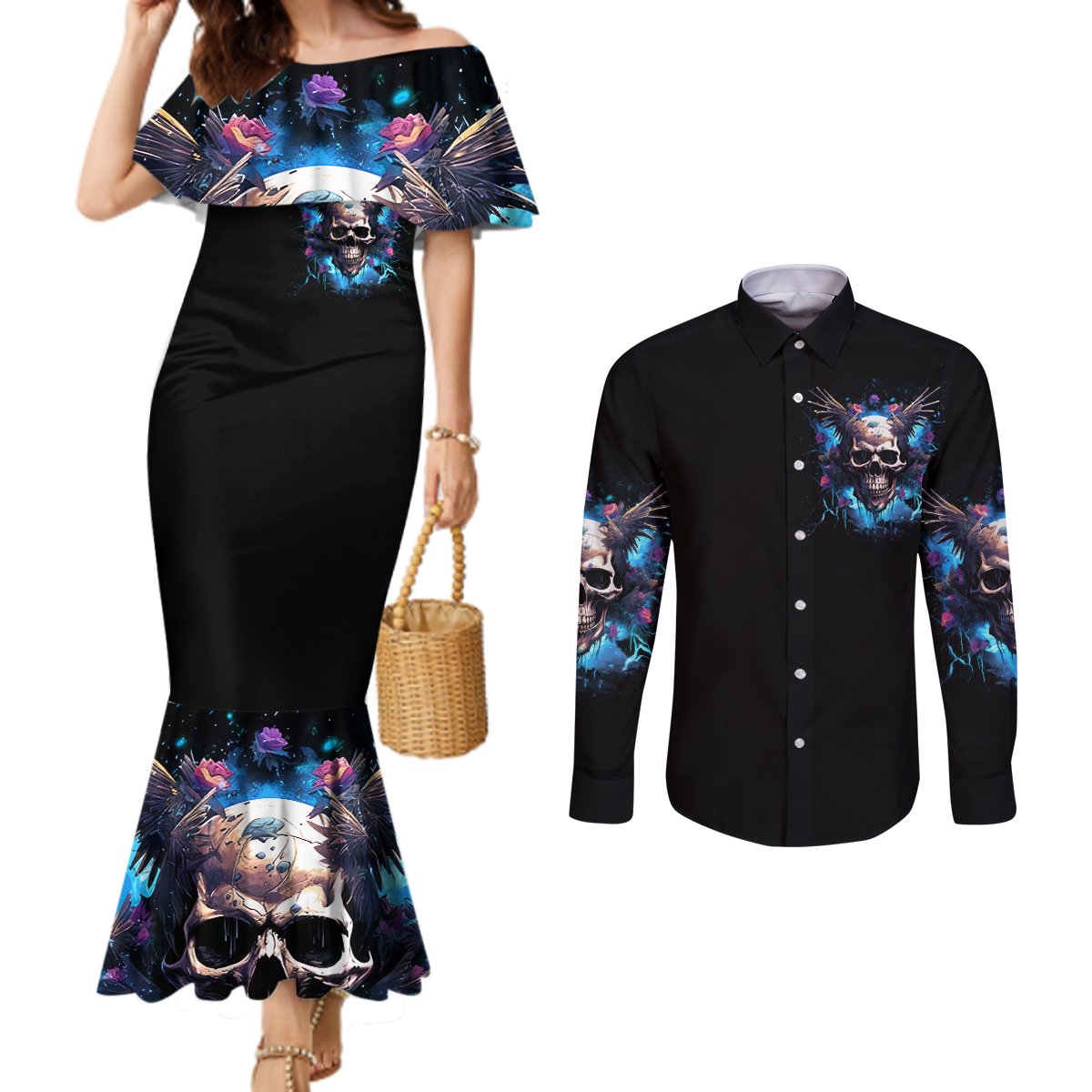 Wings Skull Couples Matching Mermaid Dress and Long Sleeve Button Shirt Heaven Don't Want Me Hell Afraid I Take Over DT01