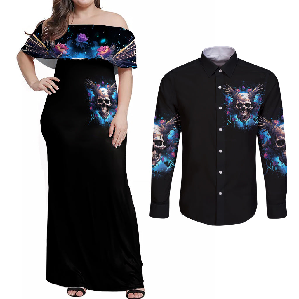 Wings Skull Couples Matching Off Shoulder Maxi Dress and Long Sleeve Button Shirt Heaven Don't Want Me Hell Afraid I Take Over - Wonder Print Shop