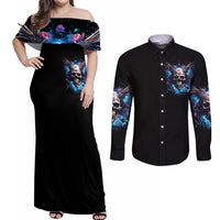 Wings Skull Couples Matching Off Shoulder Maxi Dress and Long Sleeve Button Shirt Heaven Don't Want Me Hell Afraid I Take Over - Wonder Print Shop