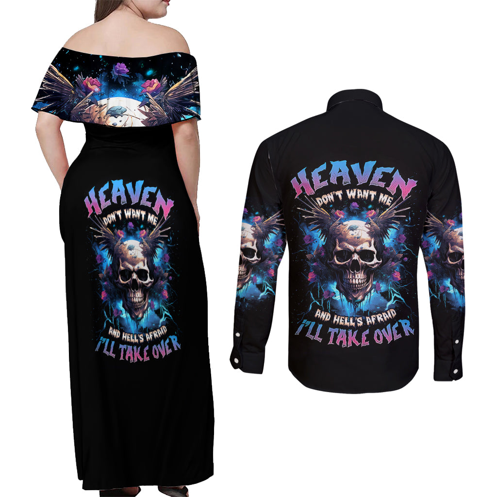 Wings Skull Couples Matching Off Shoulder Maxi Dress and Long Sleeve Button Shirt Heaven Don't Want Me Hell Afraid I Take Over - Wonder Print Shop