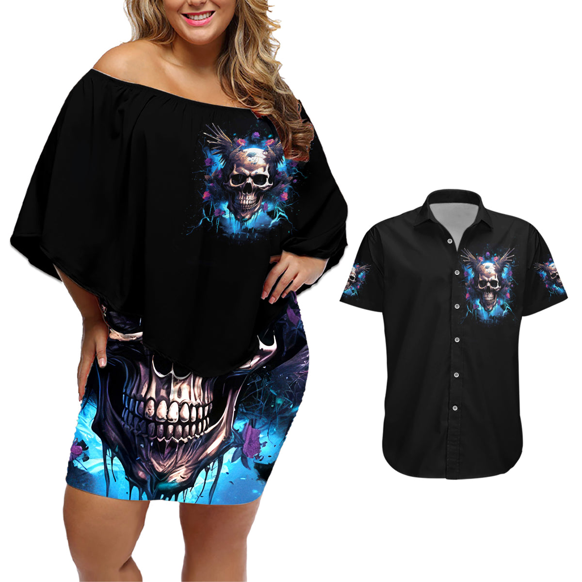 Wings Skull Couples Matching Off Shoulder Short Dress and Hawaiian Shirt Heaven Don't Want Me Hell Afraid I Take Over - Wonder Print Shop