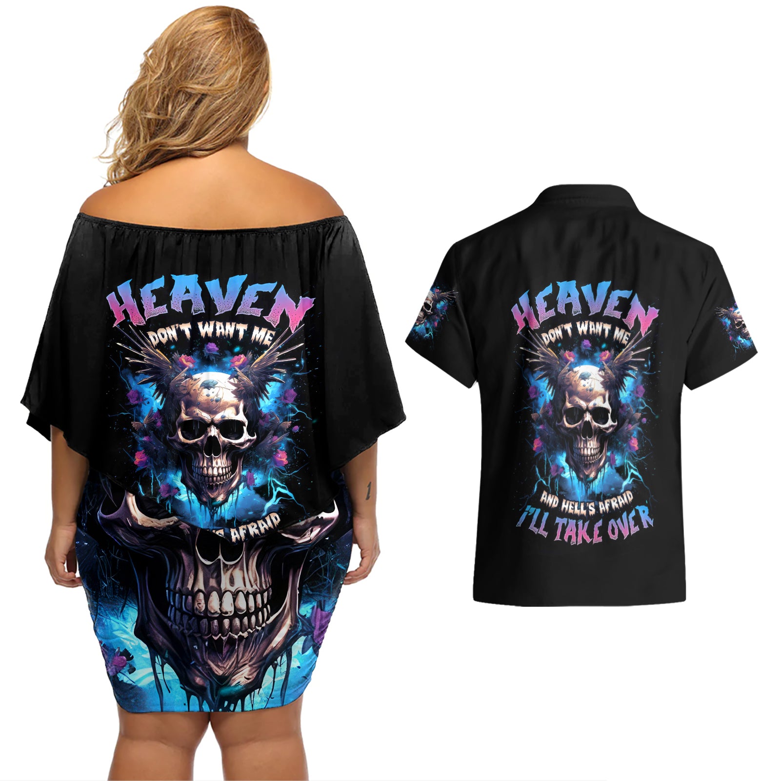 Wings Skull Couples Matching Off Shoulder Short Dress and Hawaiian Shirt Heaven Don't Want Me Hell Afraid I Take Over - Wonder Print Shop