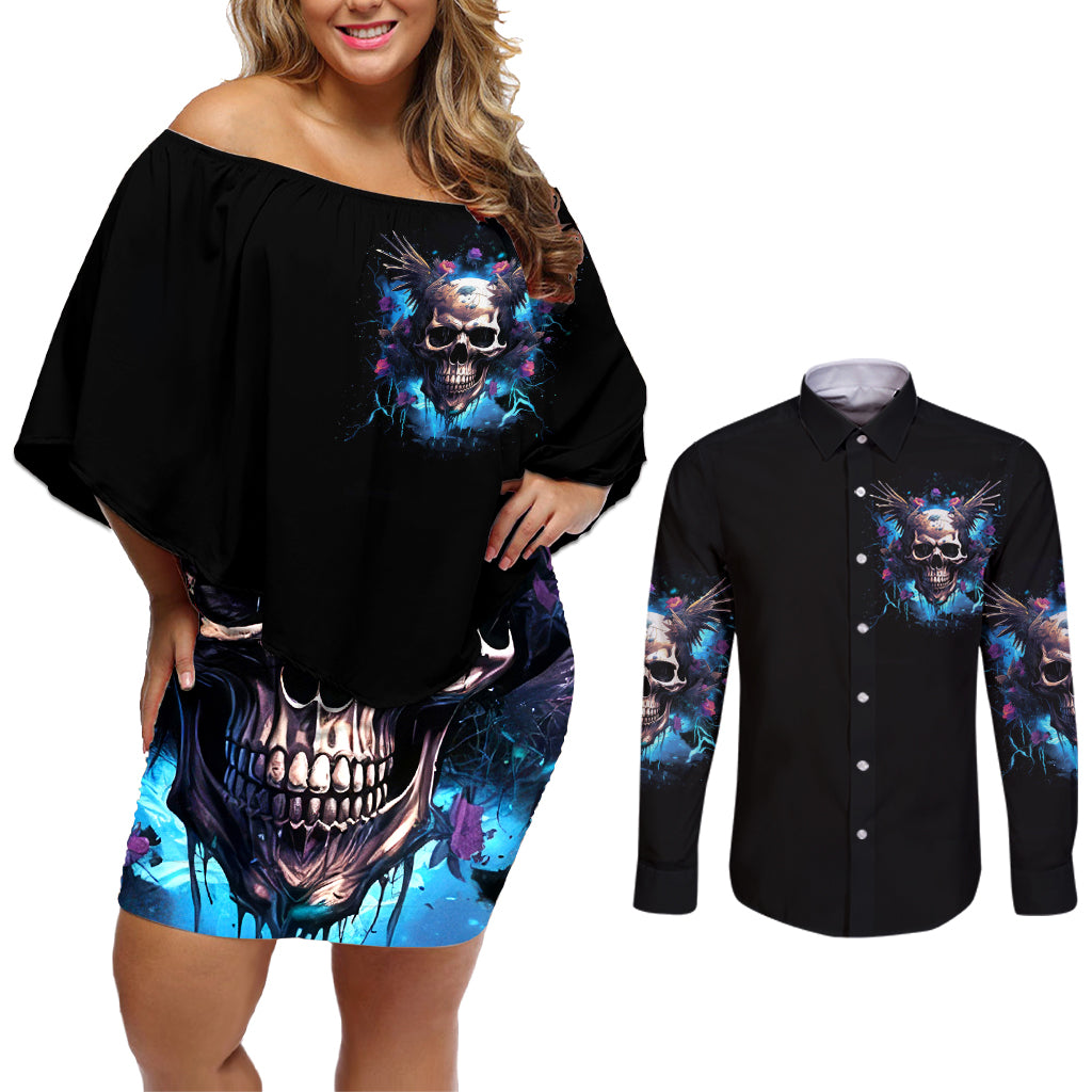 Wings Skull Couples Matching Off Shoulder Short Dress and Long Sleeve Button Shirt Heaven Don't Want Me Hell Afraid I Take Over - Wonder Print Shop